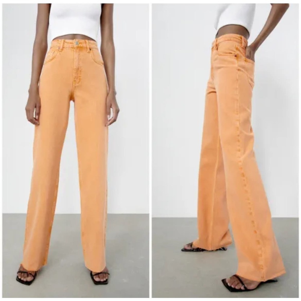 Zara High Rise Wide Leg Jeans Orange Size 2 Raw Hem Full Length